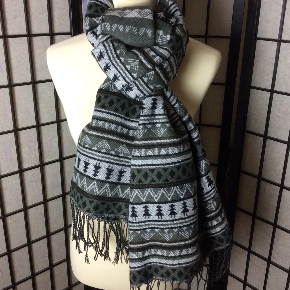Fringed Scarf in Army Green, Black, & Gray!